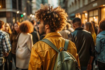 Fototapeta premium Portrait of a curly-haired mulatto traveler in a yellow jacket and with a backpack in the city. Traveling alone is a lifestyle. A young tourist is enjoying his autumn vacation.