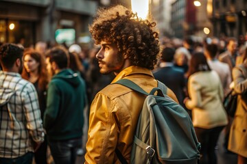 Fototapeta premium Portrait of a curly-haired mulatto traveler in a yellow jacket and with a backpack in the city. Traveling alone is a lifestyle. A young tourist is enjoying his autumn vacation.