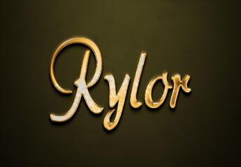 Old gold text effect of futuristic name Rylor with 3D glossy style Mockup.