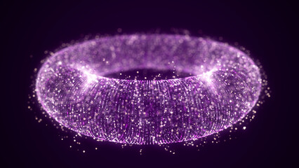 Futuristic dynamic wireframe torus on a purple background. The flow of scientific data. Futuristic digital technology. 3D rendering.	