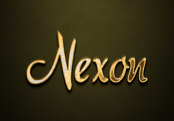 Old gold text effect of futuristic name Nexon with 3D glossy style Mockup.