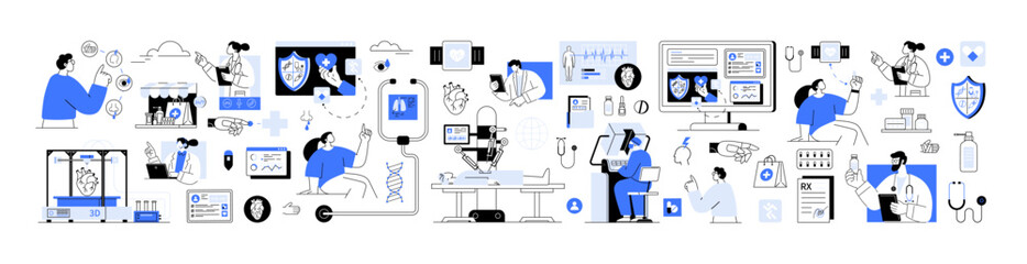 Telemedicine e-health medical technology. Technology in healthcare with professionals using medical equipment. Medical practices technology healthcare innovation medical professionals research labs