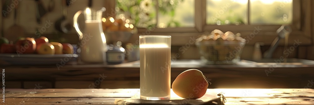 Aufkleber Sunlight streams through a window as a glass of milk and a pear rest on a wooden table, enhancing the warm, inviting atmosphere. Generative AI