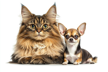 Obraz premium Big Maine Coon cat and tiny Chihuahua puppy sitting together and looking at camera on white background. Generated by artificial intelligence