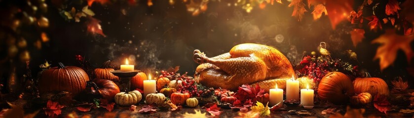 A large Thanksgiving feast with a golden turkey, pumpkins, and harvest vegetables, set outdoors under golden autumn leaves