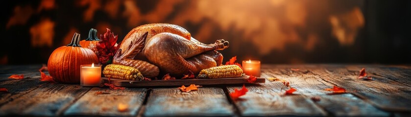 A roasted turkey with pumpkins and corn on a rustic wooden table, warm earthy tones, soft candlelight, Thanksgiving decor