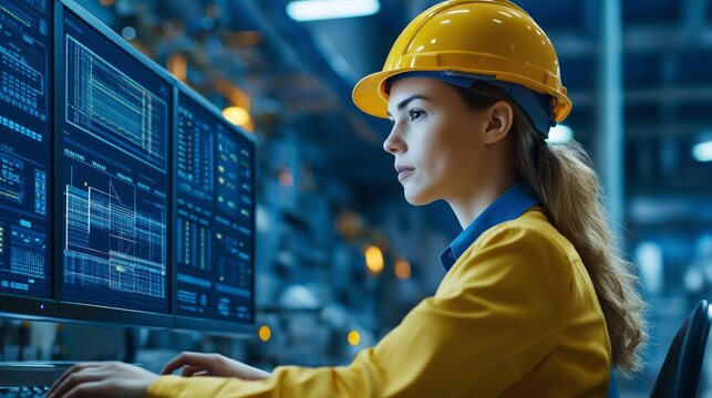A woman technologist typing on a computer screen with graphs and charts, safe and monitoring the operation of the system