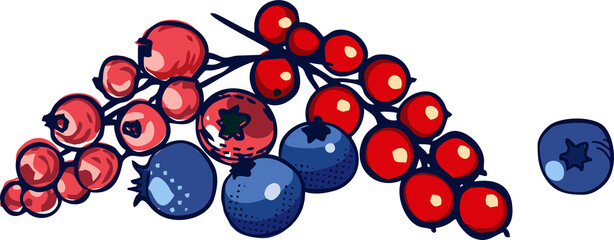 Composition of various fruits, vegetables, made in pop art technique on a transparent background. Flat digital illustration in modern style for branding, advertising, posters