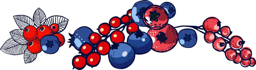 Composition of various fruits, vegetables, made in pop art technique on a transparent background. Flat digital illustration in modern style for branding, advertising, posters