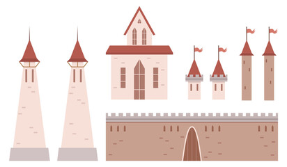 Medieval architectural elements including towers, a castle wall, fortified buildings, and turrets with flags. Ideal for history themes, architecture enthusiasts, educational resources, fantasy