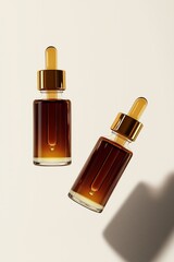 Glass darkened bottles with golden caps with cosmetic beauty product for face care