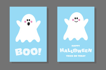 Happy Halloween. Set with greeting cards with cute ghost. Vector illustration