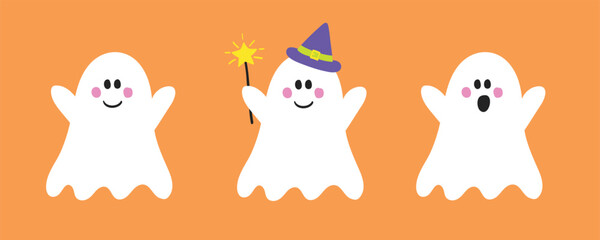 Funny Halloween ghosts. Hand drawn characters. Vector illustration