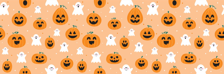 Halloween background. Seamless texture with cute pumpkins and ghosts. Banner. Vector illustration