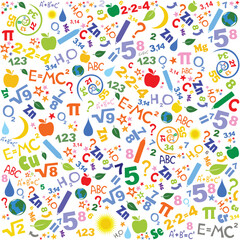  Education and Science. Flat design scientific icons. Seamless pattern of formulas and pictures concerning to Science. World Science Day for Peace and Development. November 10. Vector Illustration