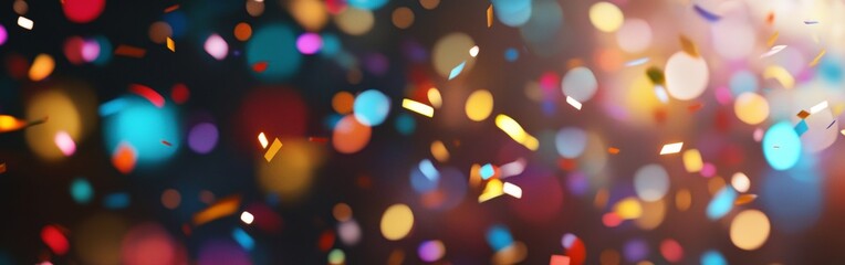 Colorful confetti falling during a festive celebration with vibrant lights in the background at a lively event. With copy space for text. Wide web banner.