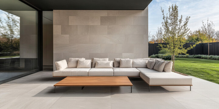 Modern outdoor lounge area with sleek sofa and wooden coffee table beside lush garden