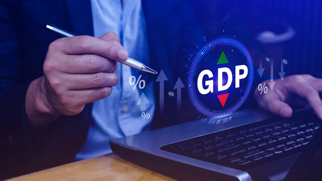 GDP business concept, GDP Gross Domestic Product Gross Domestic Product GDP improvement concept, Arrow and charts, Business growth measure for size of economy compiled for country.