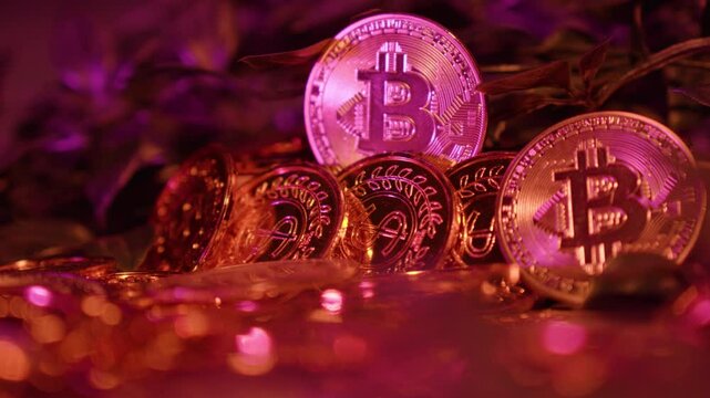Golden Bitcoin stack reflecting light, symbolizing cryptocurrency. BTC represents the first decentralized peer-to-peer payment network, showcasing its significance in digital finance.