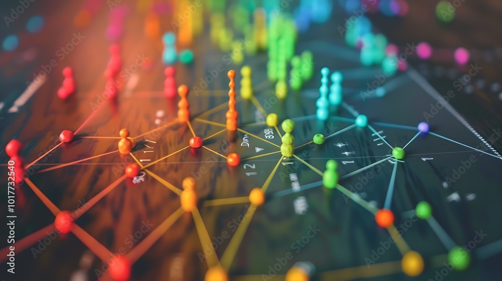 Poster close-up shot of a network map with colorful pins representing nodes or connections. the lines conne