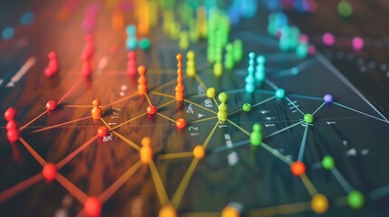Close-up shot of a network map with colorful pins representing nodes or connections. The lines connecting the pins show the relationships and interactions within the network.