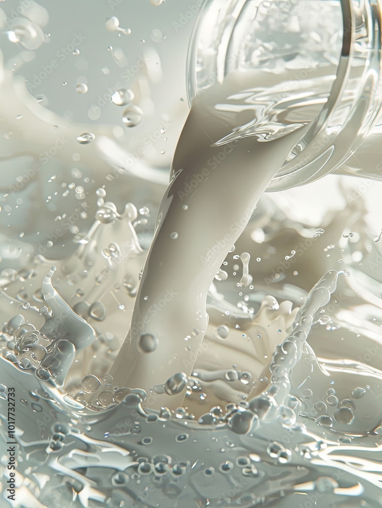 Poster A glass jar overflows with milk, creating a cascade of droplets and splashes, showcasing the fluid motion and texture of the liquid. Generative AI
