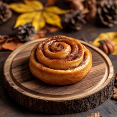 Fototapeta premium Single cinnamon roll on wooden table with autumn leaves, cozy fall scene