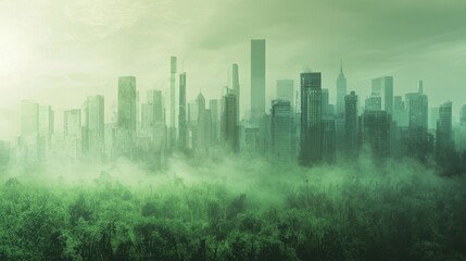 Futuristic Eco Friendly Urban Skyline Emerges from Misty Green Cityscape