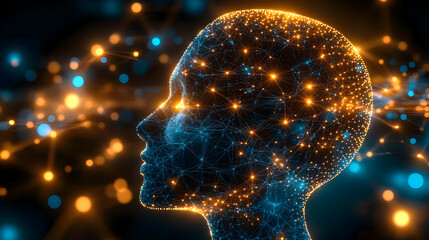 Obraz premium Abstract 3D Digital Human Head Constructed from Interconnected Lines and Glowing Points, Creating an Intricate Network of Light in a Dark Background