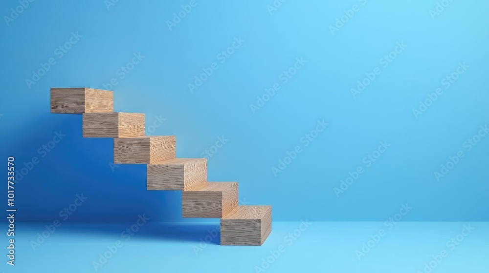 Fototapete a clean image of wood blocks forming a staircase on a blue background, showcasing business growth an
