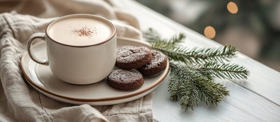 Warm beverage and chocolate cookies on a saucer with a sprig of evergreen beside it.