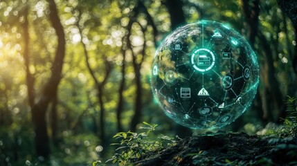 Futuristic Interconnected Sphere in Lush Forest Environment Symbolizing Technology and Sustainability