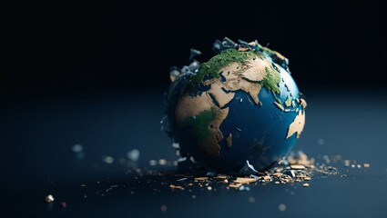 Fototapeta premium A vivid representation of Earth, fragmented and scattered, revealing concerns over environmental destruction and human impact, capturing a moment of fragile beauty and turmoil.