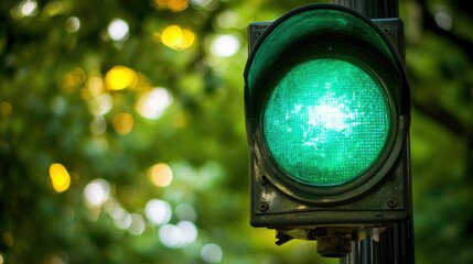 A close-up of a green traffic light against a backdrop of blurred trees, with soft lighting highlighting the signal in contrast to the natural background