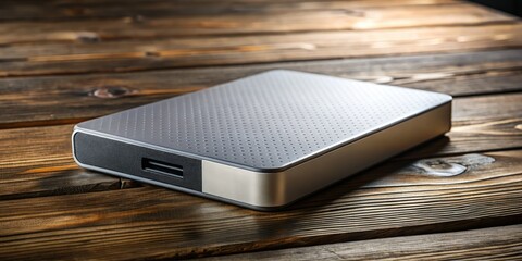 Sleek external computer storage rests on a wooden table, showcasing a modern tech aesthetic within a serene landscape, blending functionality with contemporary design elements.