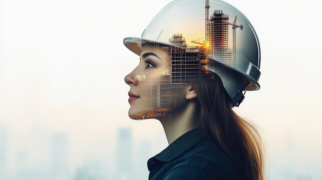 A female engineer wearing a hard hat, with a double exposure effect combining her face and construction projects