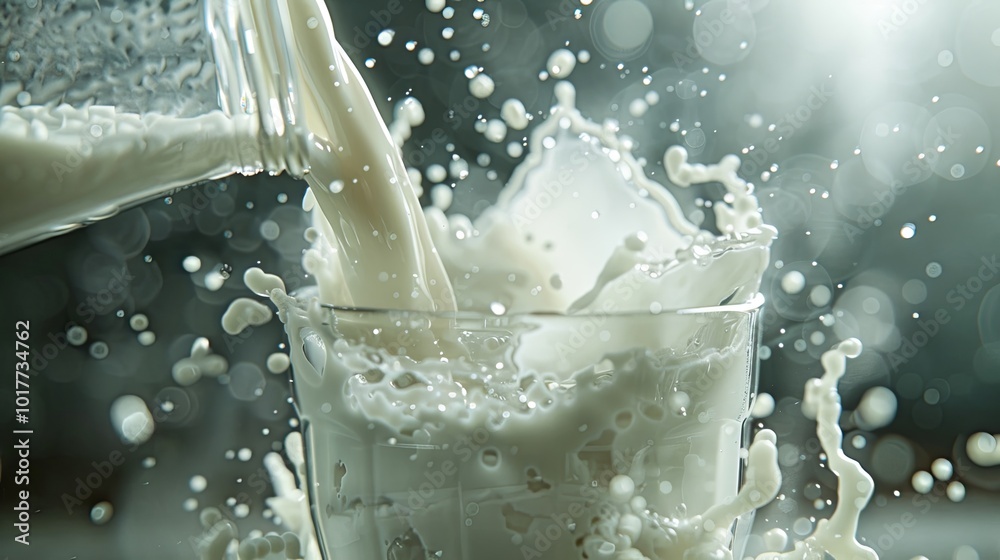 Aufkleber A stream of milk cascades into a glass, creating dynamic splashes and droplets, set against a gently illuminated backdrop. Generative AI