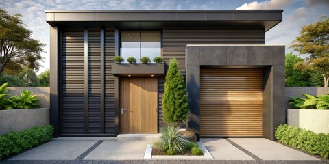 Striking modern facade featuring sleek black shutter doors, beautifully captured in architectural photography, showcasing a blend of contemporary design and sophisticated style.