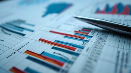 Close-up shot of a pen lying on a financial report with charts and graphs. The image depicts financial analysis and data representation.