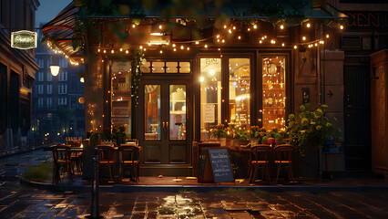 Cozy restaurant exterior with warm lighting in evening
