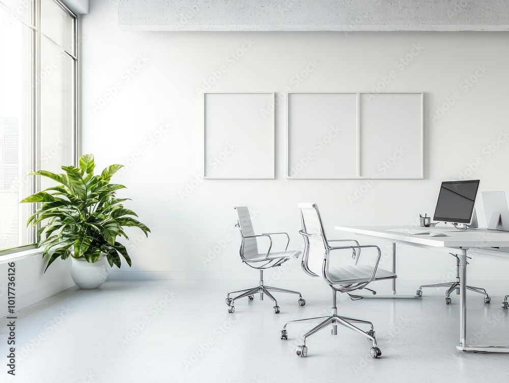 Poster A modern office space with plants, chairs, and a desk, emphasizing simplicity and functionality.