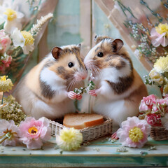 ドールハウスで暮らすハムスターファミリー