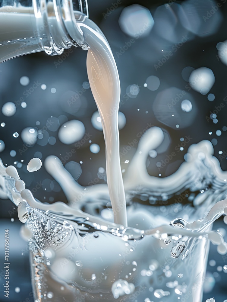 Aufkleber fresh milk cascades into a glass, splashing and creating ripples, with a blurred kitchen backdrop en