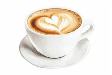 A beautifully crafted cup of coffee with latte art in the shape of a heart, set against a white background.