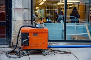 An orange construction vacuum sits outside a modern building. It is ready for cleaning tasks. This machine shows the busy work environment of renovations. Generative AI