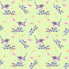 Fototapeta premium Small round bird in pastel purples on branch watercolor seamless pattern isolated. Repeated background with tiny bird butterfly and flower sketch hand drawn. Bird nature art design for wallpaper.