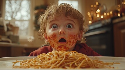 A surprised child with spaghetti and sauce on his face, capturing a playful mealtime moment.