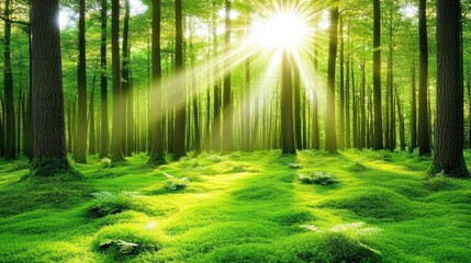 Naklejka premium A lush green forest with moss and fern underfoot, illuminated by sun rays piercing through the spruce trees, Deister, Lower Saxony --chaos 70