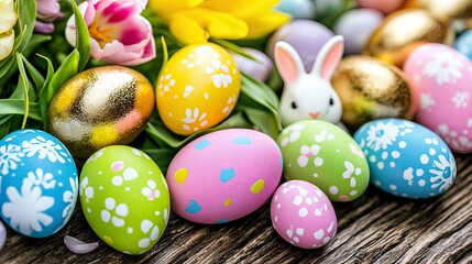Fototapeta premium A minimalist Easter table in a Scandinavian-style kitchen, featuring tulips, golden eggs, and ceramic bunnies, perfect for a stylish greeting card. --chaos 70
