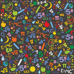 Background of formulas and pictures concerning to Science Education and Science. Flat design scientific icons. Seamless pattern of formulas and pictures concerning to Science Vector Illustration